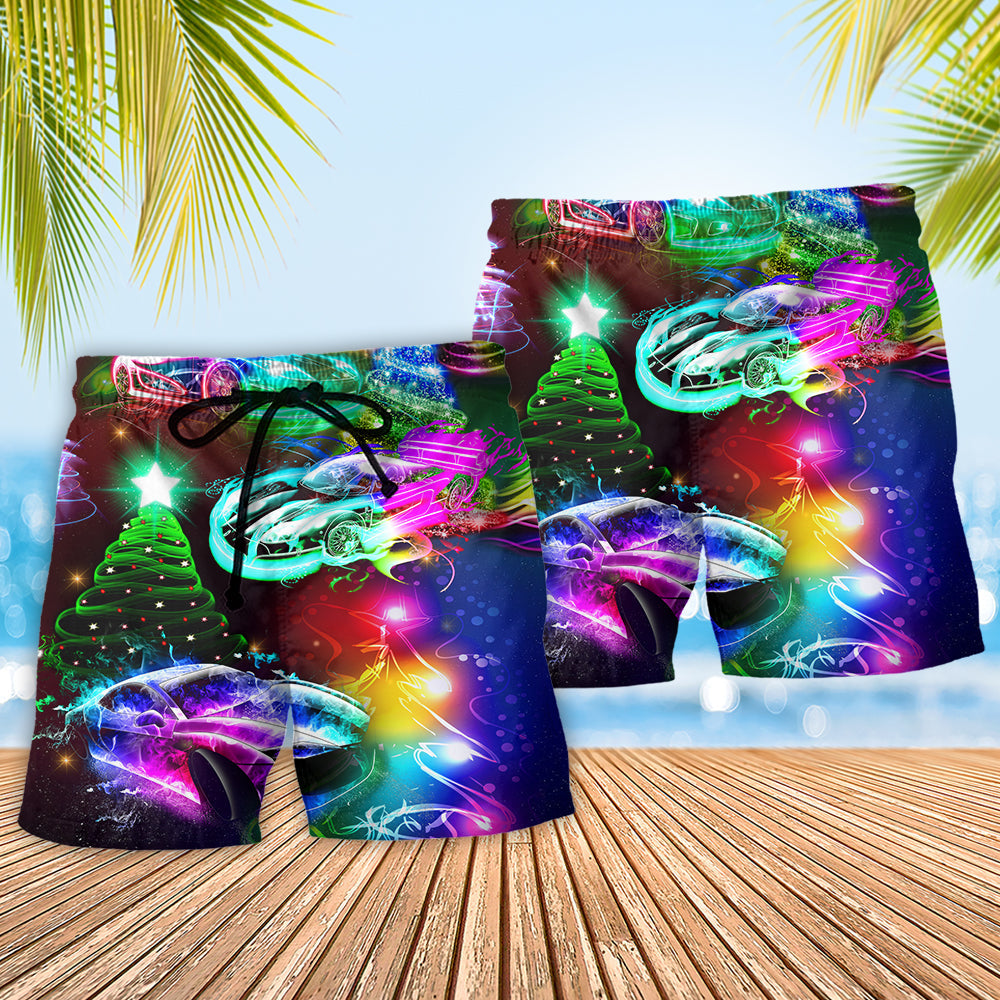 Christmas Racing Car Beach Shorts Pattern Detail For Vacation Style And Memorable Gift Ideas