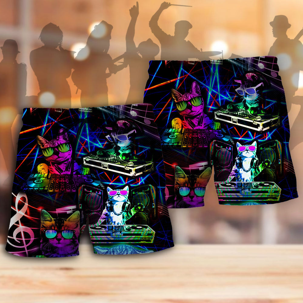 Cat DJ Beach Shorts Pattern Detail For Tropical Escapes And Weekend Casual Style