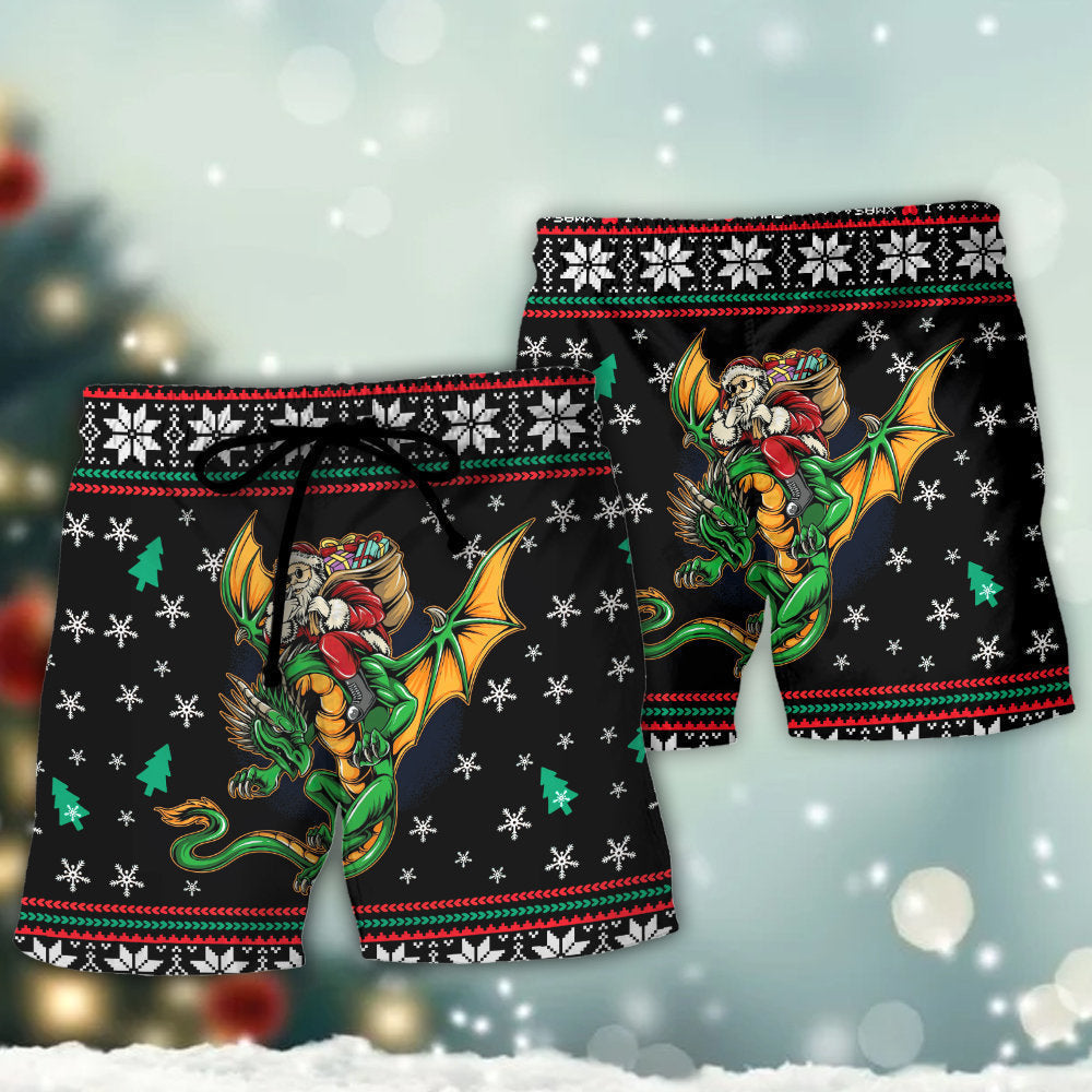Christmas Santa Fantasy Dragon Beach Shorts Graphic Detail For Resort Trips And Casual Outings