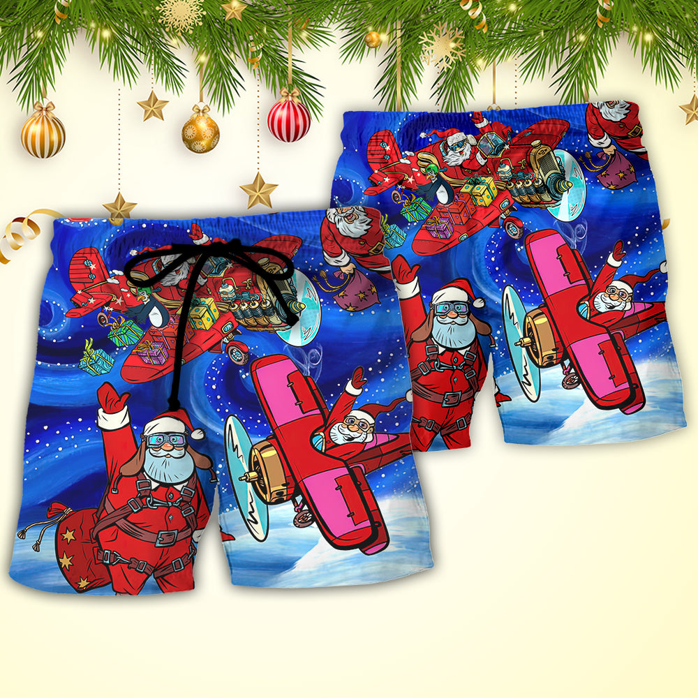 Christmas Reindeer Santa Airplane Magic Beach Shorts Pattern Detail For Poolside Fun And Everyday Comfort