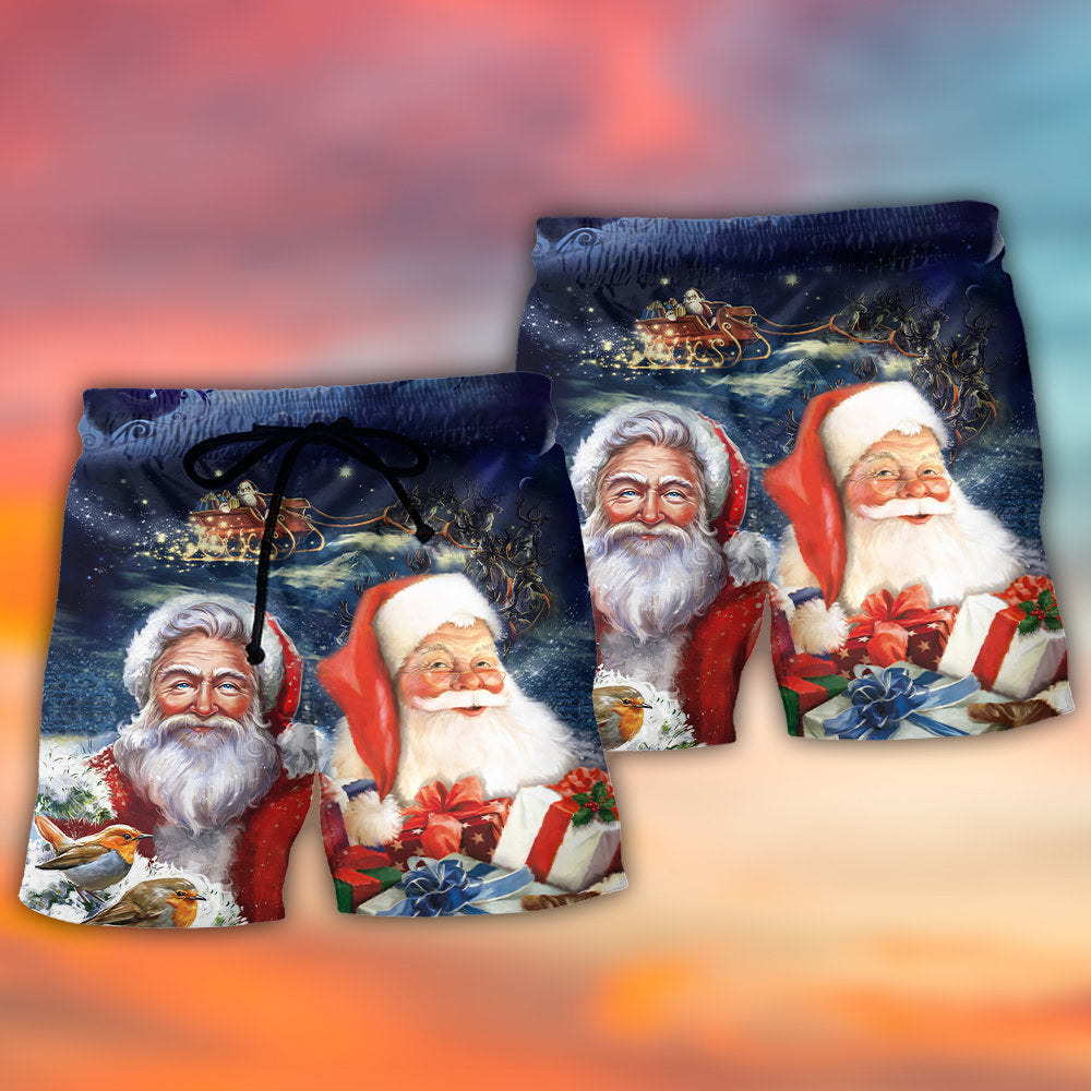 Santa In Snowy Winter Scene Beach Shorts Artwork Detail For Comfortable Everyday Summer Wear