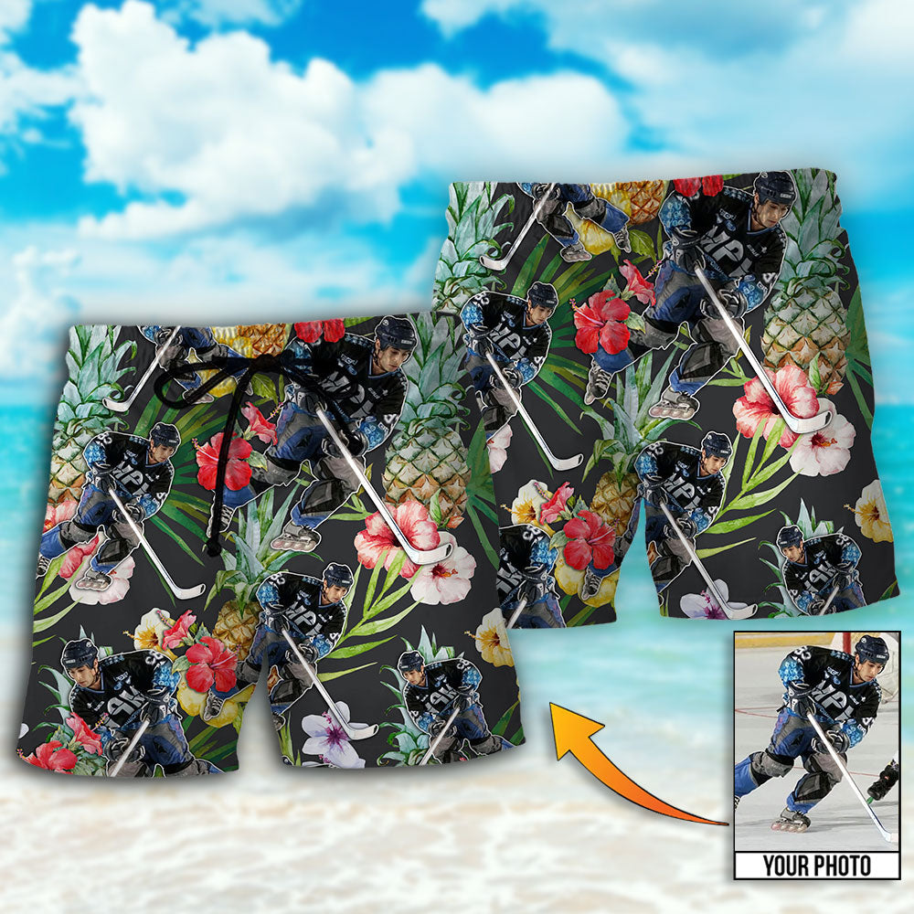 Hockey Tropical Flower Fruit Personalized Photo Beach Shorts Pattern View For Resort Days And Outdoor Activities