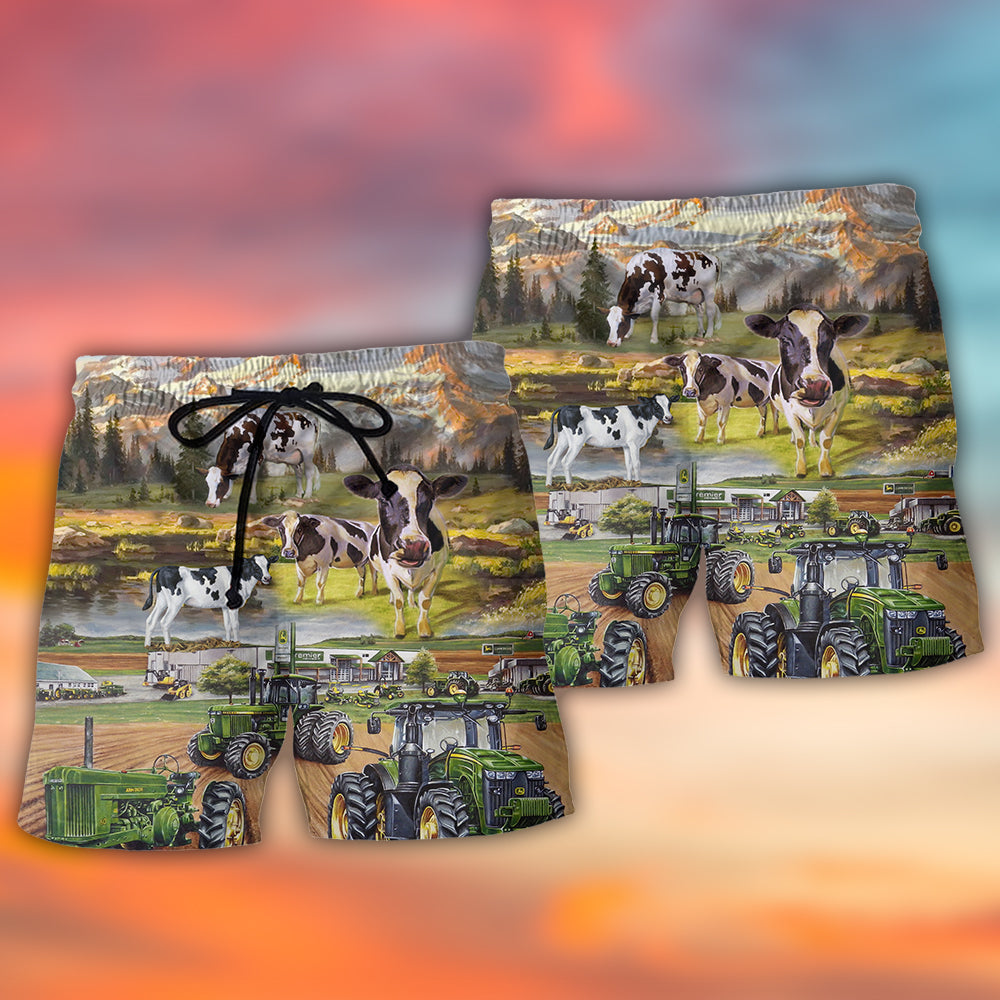 Tractor And Cow Farm Lover Beach Shorts Design View For Poolside Relaxation And Holiday Trips