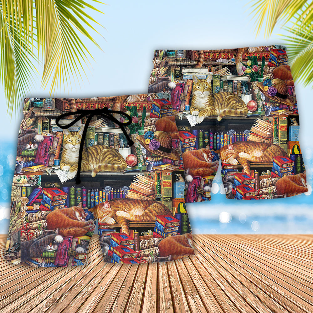 Book Happiness With A Sleeping Cat Beach Shorts For Pet Lover Outdoor Comfort