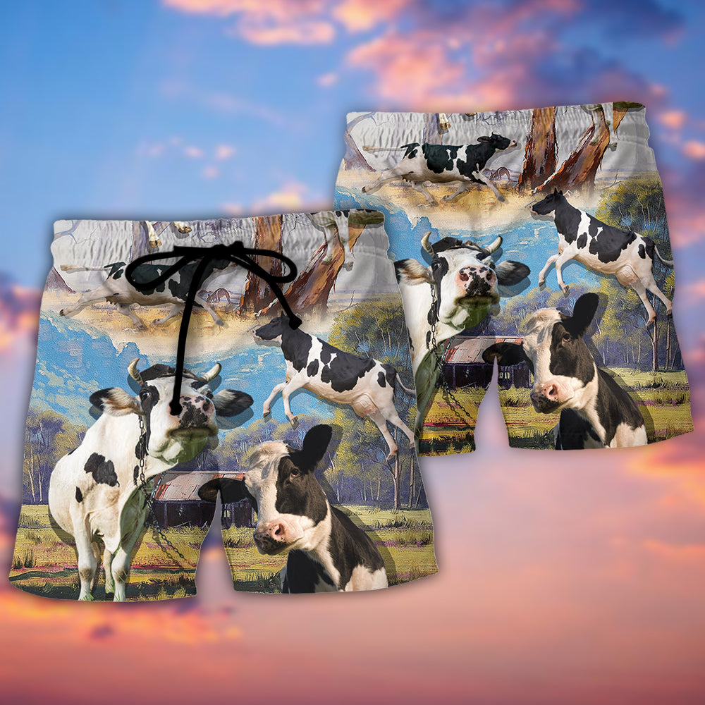 Landscape Cow Dance Cattle Beach Shorts Pattern Detail For Resort Wear And Leisure And Relaxation