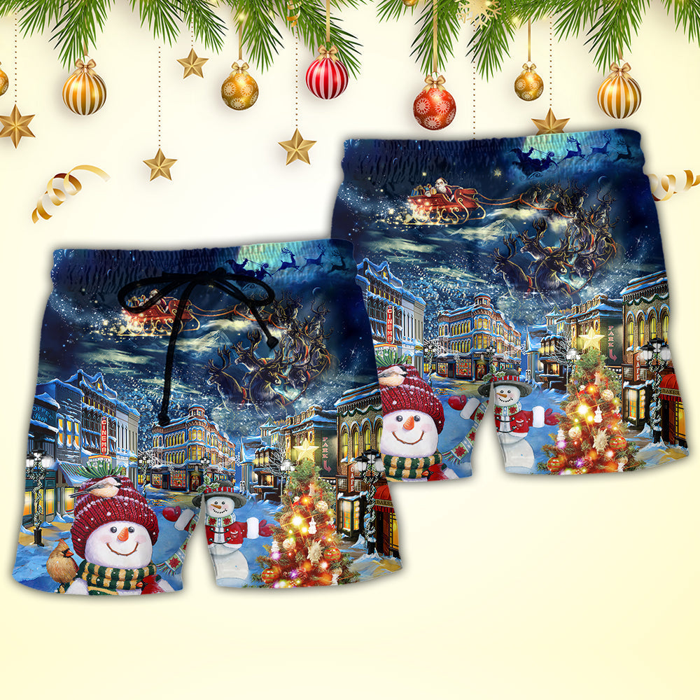 Christmas Snowman Santa Family Light Beach Shorts Artwork Detail For Comfortable Everyday Summer Wear