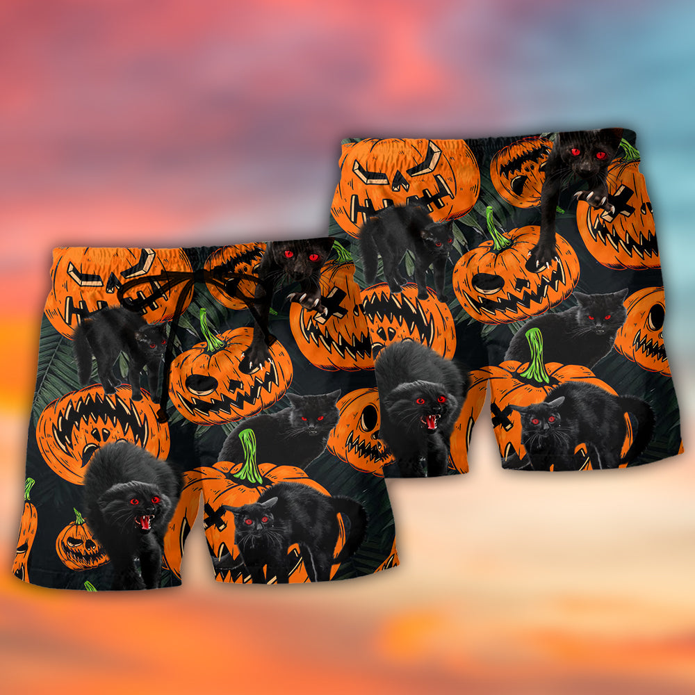 Halloween Black Cat Pumpkin Beach Shorts Pattern Detail For Beachside Relaxation And Easygoing Coastal Style