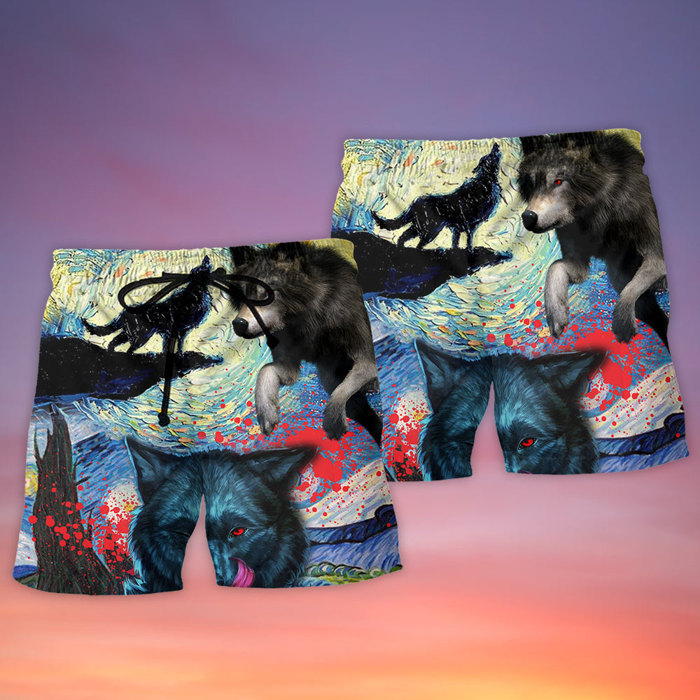 Halloween Black Wolf Starry Night Beach Shorts Pattern View For Resort Days And Outdoor Activities