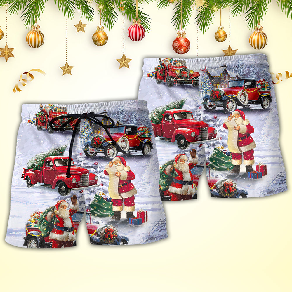 Santa Red Truck Christmas Gift Beach Shorts Artwork Detail For Casual Warm Weather Outfits