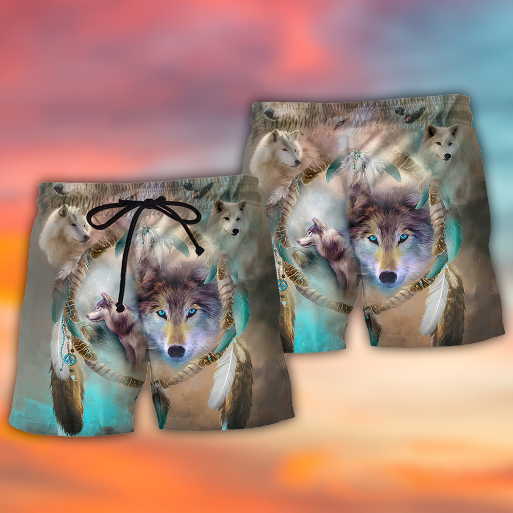 Native Wolf Dreamcatcher Spiritual Beach Shorts Design Detail For Casual Warm Weather Outfits