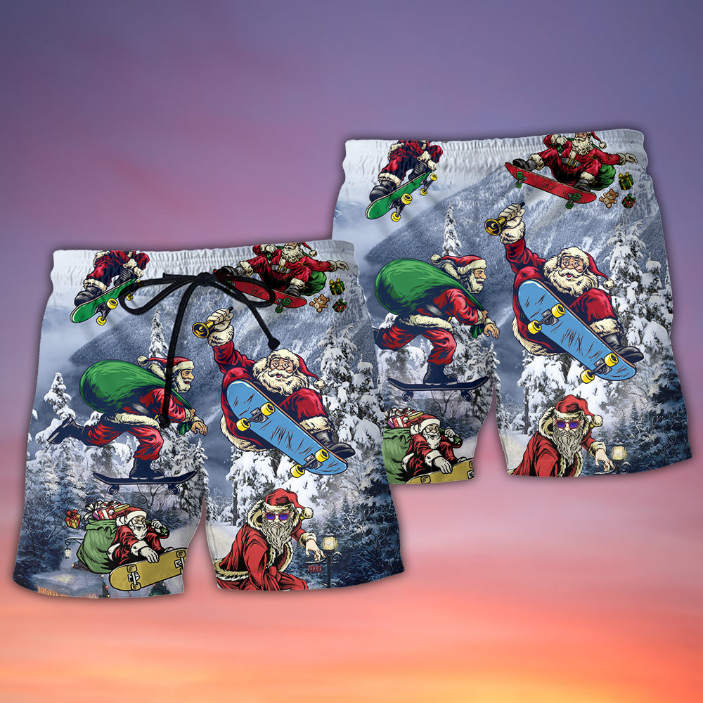 Santa Skateboarding Snowy Mountain Lights Beach Shorts Print View For Coastal Escapes And Casual Outings