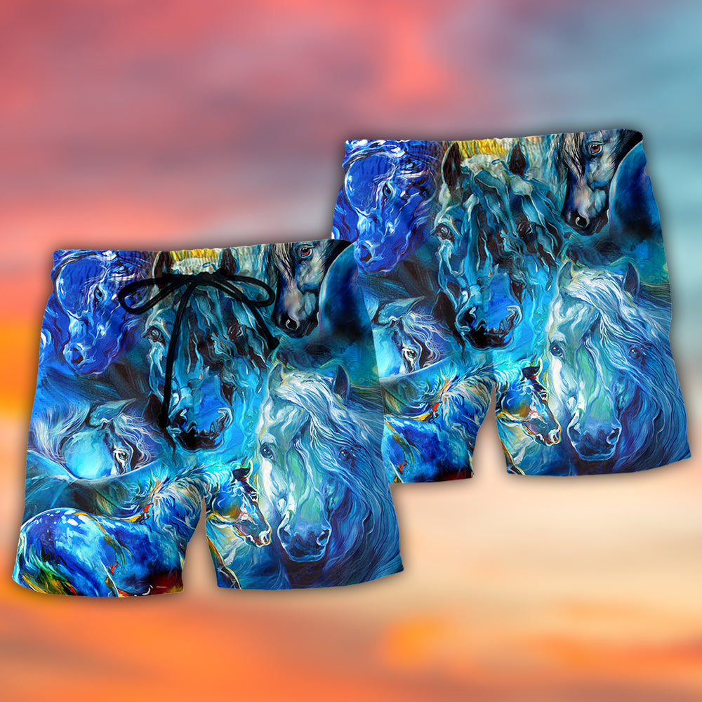 Blue Light Horse Face Modern Beach Shorts Design View For Poolside Relaxation And Holiday Trips