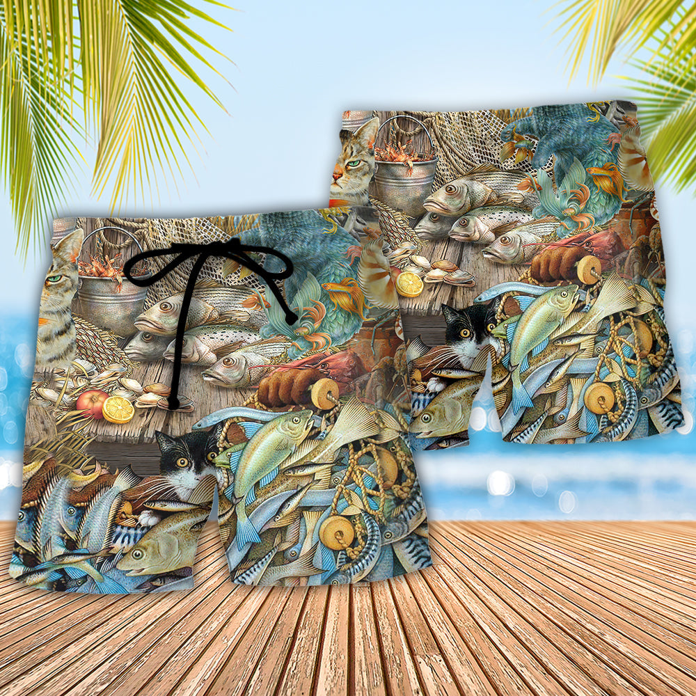 Cat Fish Beach Shorts Pattern Detail For Vacation Style And Weekend Casual Style