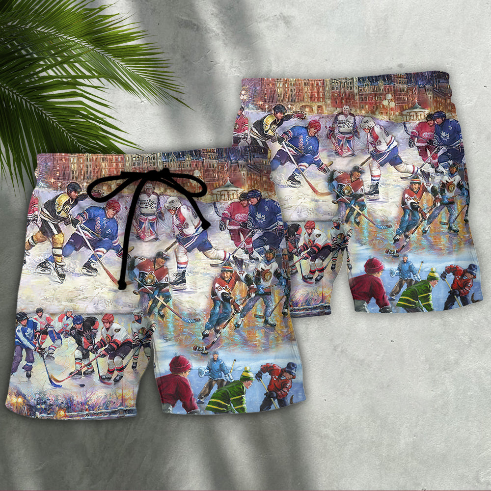 Ice Hockey Night Colorful Art Beach Shorts For Poolside Relaxation And Everyday Comfort