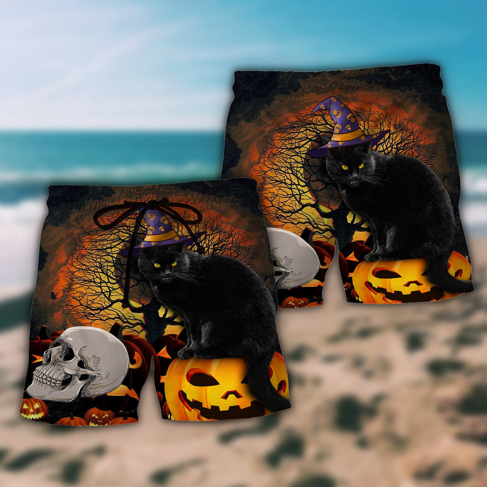 Halloween Black Cat Scary Pumpkin Hawaiian Print Beach Shorts For Fantasy Fan Beach Days