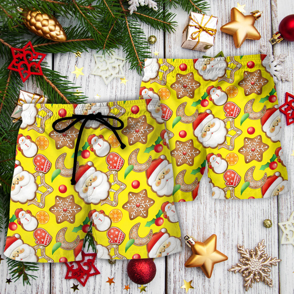 Christmas Santa Snowman Gingerbread Beach Shorts Pattern Detail For Outdoor Activities And Comfortable Daily Use