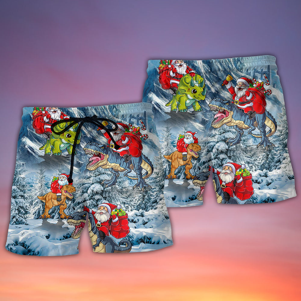 Santa Riding Dinosaur With Christmas Tree Lights Beach Shorts Artwork Detail For Tropical Travel And Everyday Wear