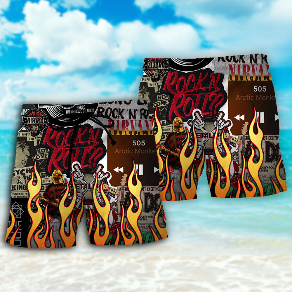 Red Flame Music Rock Beach Shorts Pattern Detail For Coastal Travel And Travel Ready Comfort