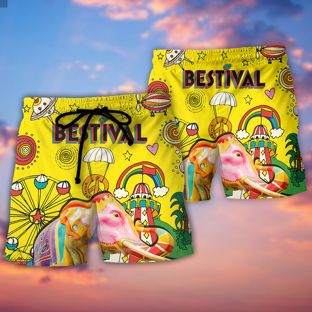 Colorful Music Festival Beach Shorts Pattern Detail For Sunny Day Adventures And Bright Seasonal Outfits