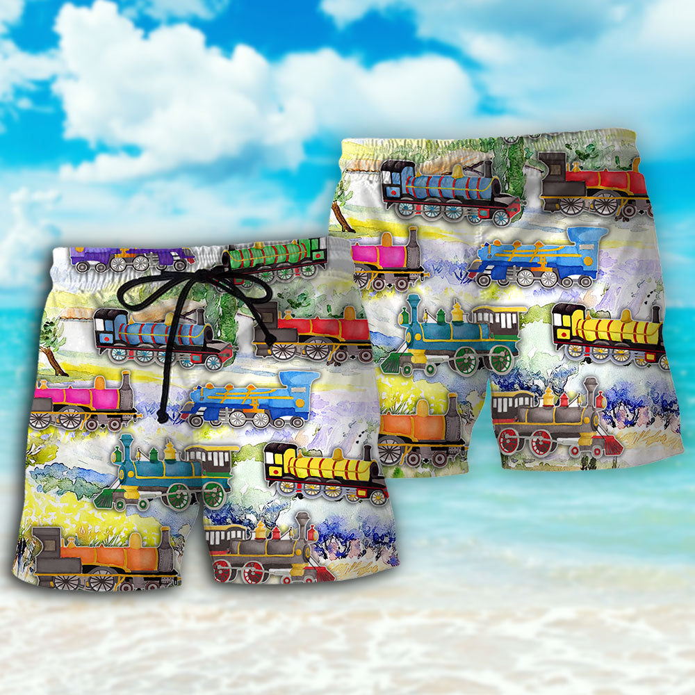 Train Watercolor Mountain Landscape Beach Shorts Artwork Detail For Comfortable Everyday Summer Wear