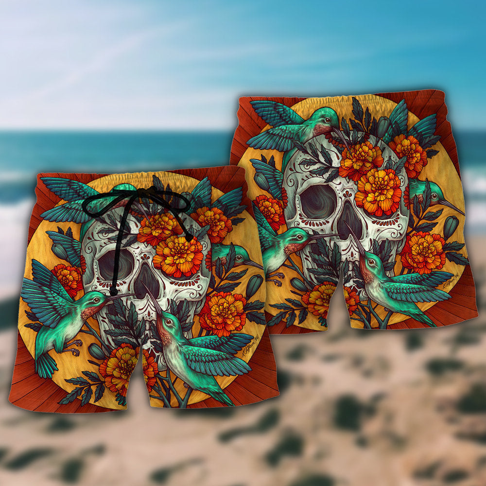 Skull Floral Hummingbird Beach Shorts Design Detail For Casual Warm Weather Outfits
