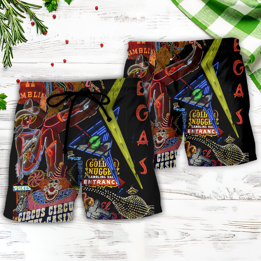 Vintage Neon Casino Beach Shorts Pattern Detail For Resort Wear And Bright Seasonal Outfits
