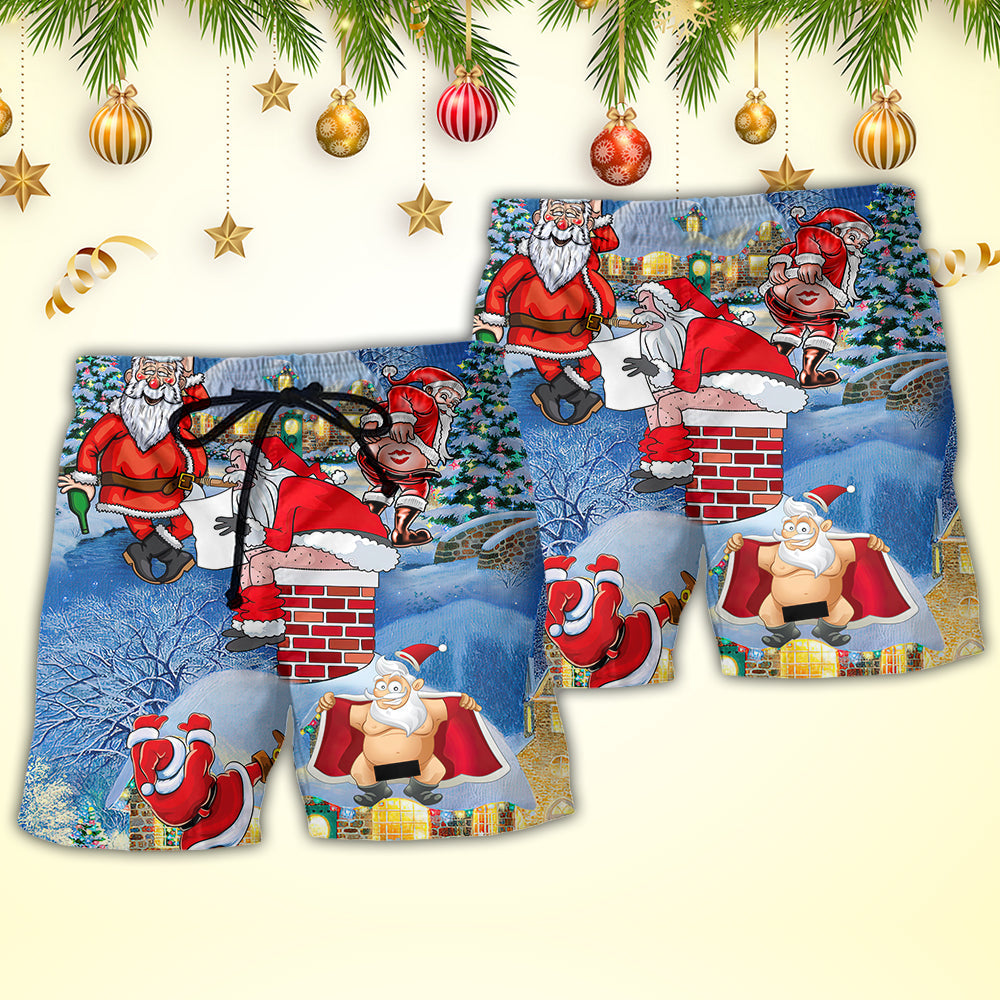 Christmas Santa Beer Beach Shorts Pattern Detail For Casual Outings And Laid Back Styling