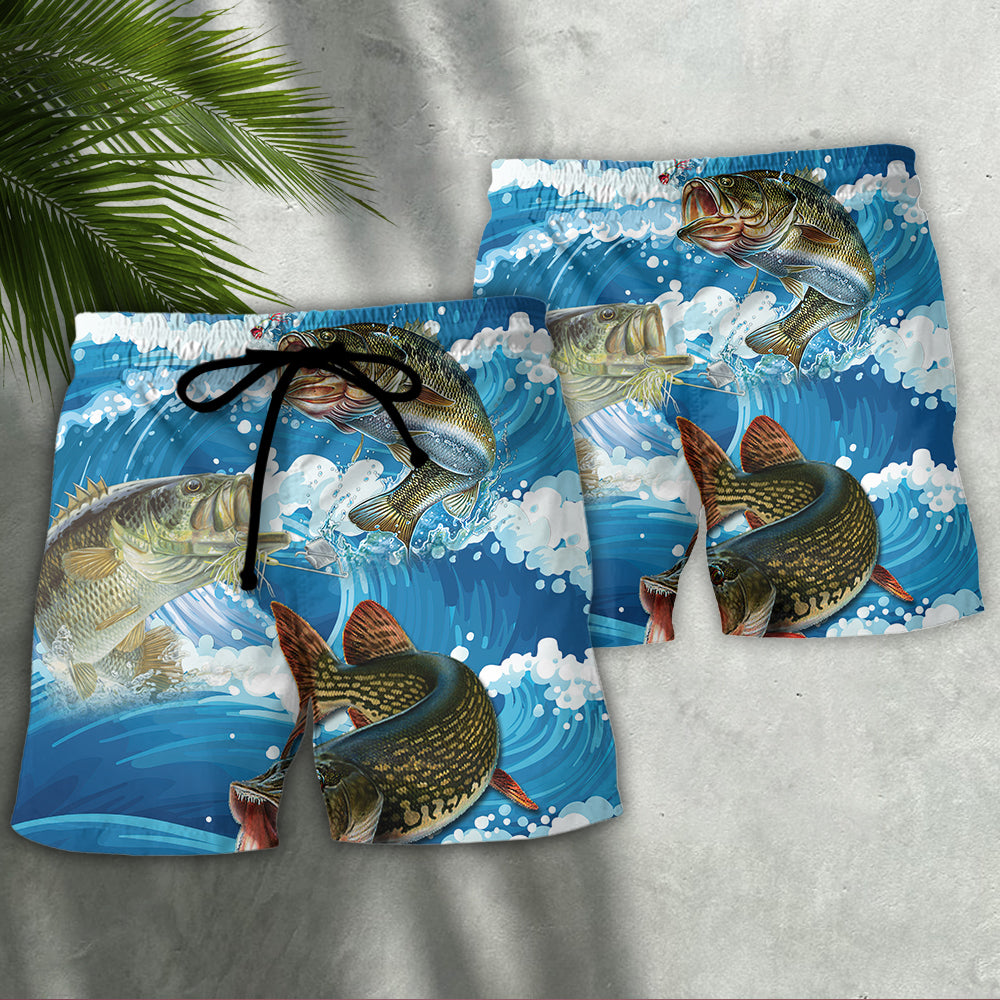 Fishing Blue Wave Ocean Style Beach Shorts For Ocean Lover Vacation Wear