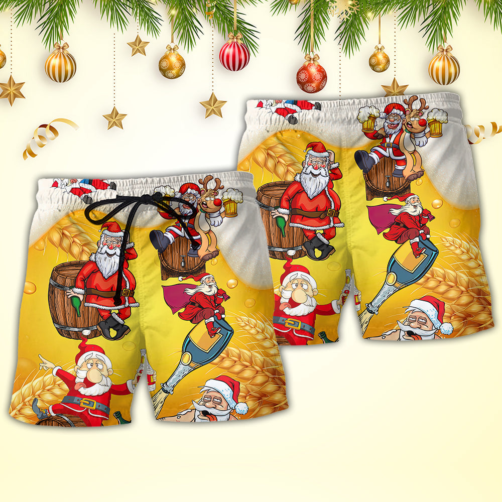 Christmas Santa Beer Beach Shorts Pattern Detail For Outdoor Activities And Laid Back Styling