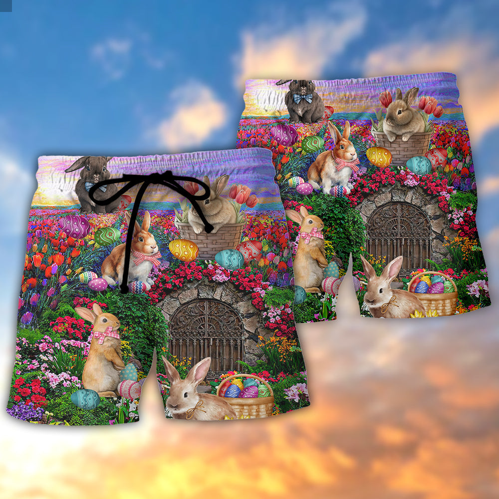Easter Floral Landscape Rabbit Beach Shorts Pattern Detail For Seaside Leisure And Travel Ready Comfort