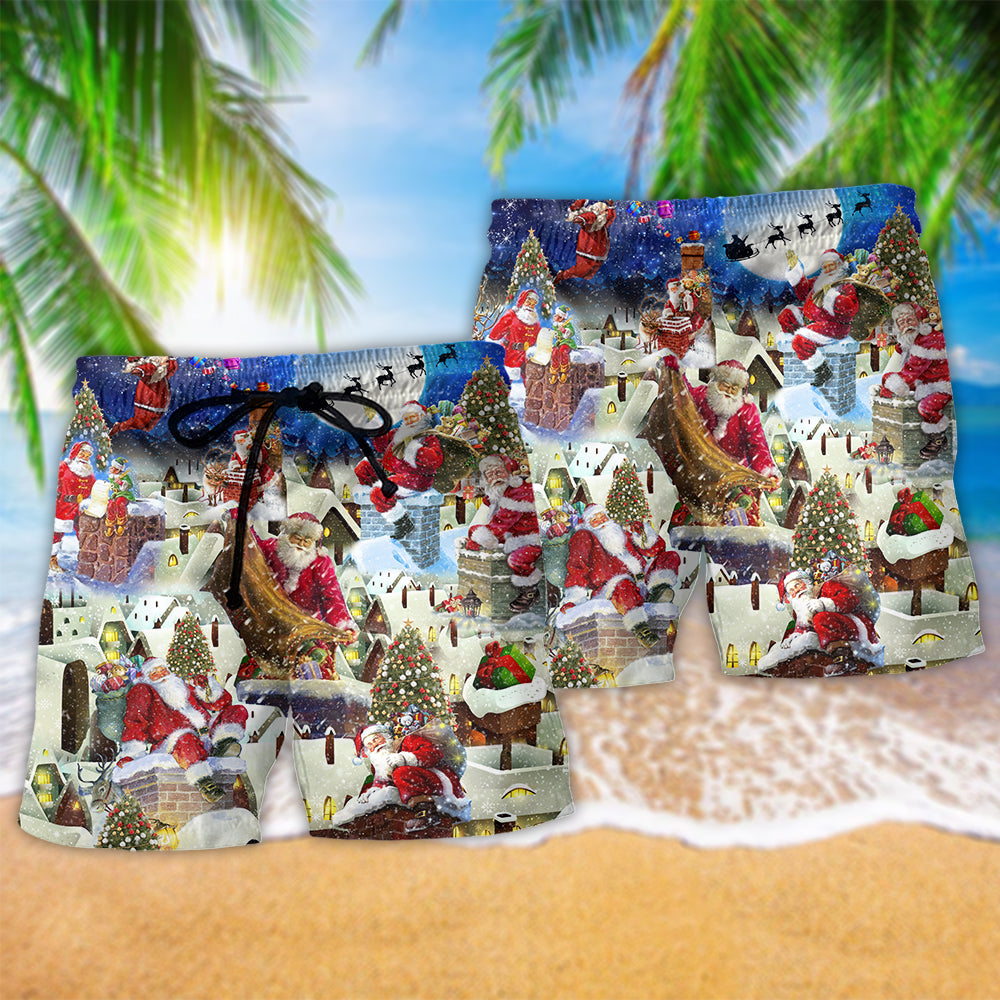 Christmas Santa On Rooftop Night Beach Shorts Pattern View For Warm Weather Holiday Outfits