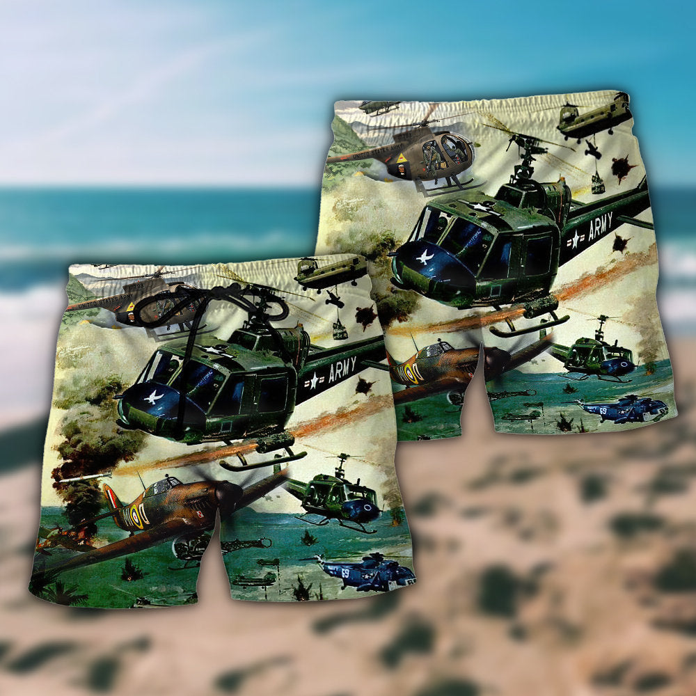 Combat Helicopter Battle Beach Shorts Pattern Detail For Sunny Day Activities And Comfortable Daily Wear