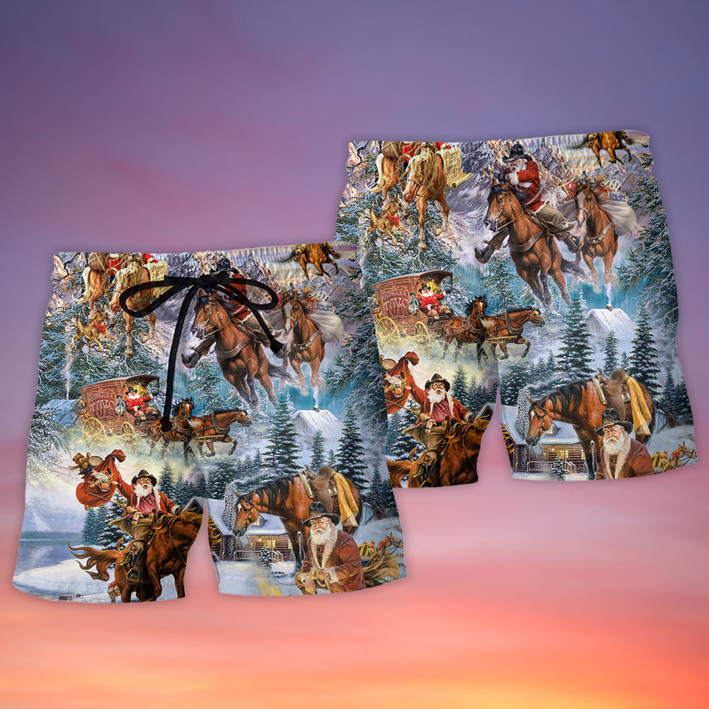 Santa Riding Horse In Snowy Mountains Beach Shorts Graphic Detail For Resort Trips And Casual Outings