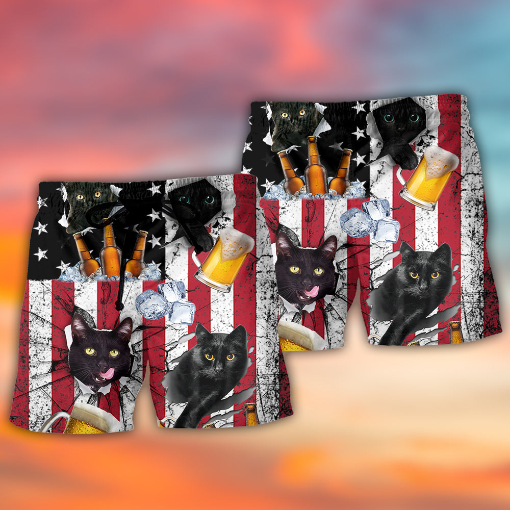 Vintage Beer Black Cat Americana Flag Beach Shorts Pattern Detail For Coastal Travel And Thoughtful Gift Giving