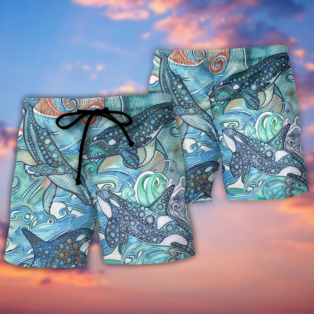 Shark Ocean Stained Glass Beach Shorts Design Detail For Weekend Getaways And Beach Days