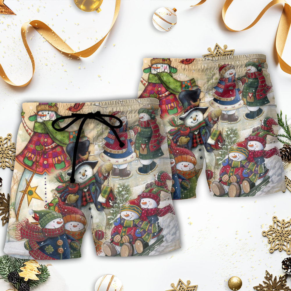 Christmas Snowman Couple Winter Lover Beach Shorts Design Detail For Coastal Escapes And Daily Wear