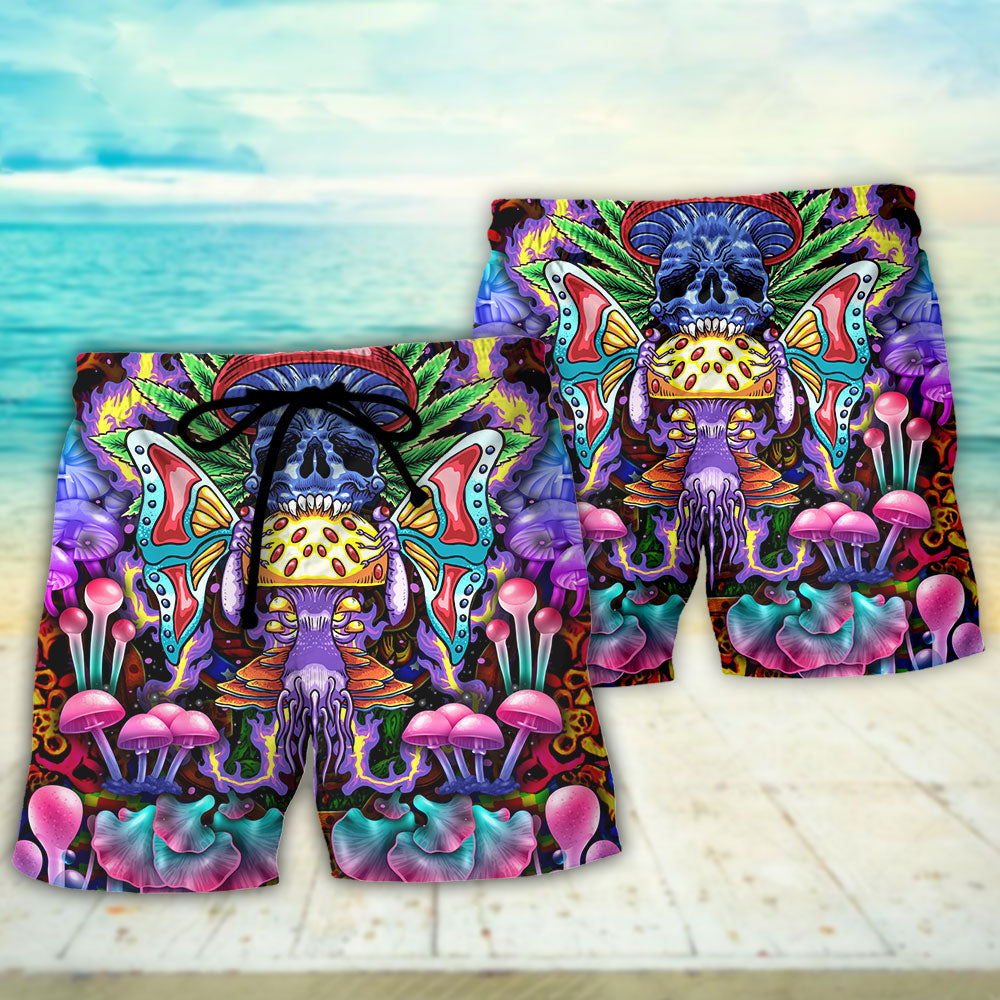 Hippie Mushroom And Skull Colorful Beach Shorts Pattern View For Resort Days And Outdoor Activities