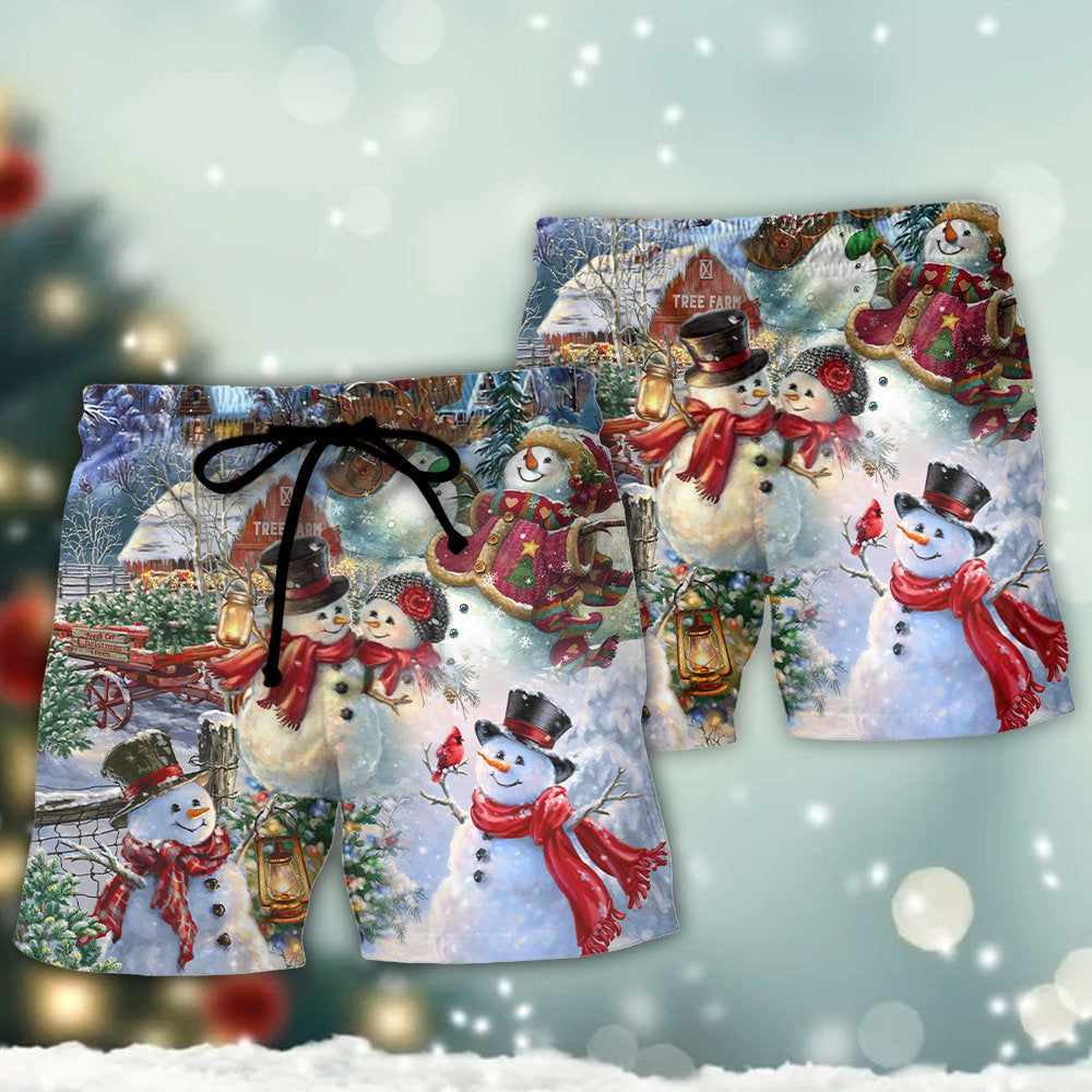 Christmas Snowman Couple Happy Beach Shorts Design Detail For Resort And Beach Day Style