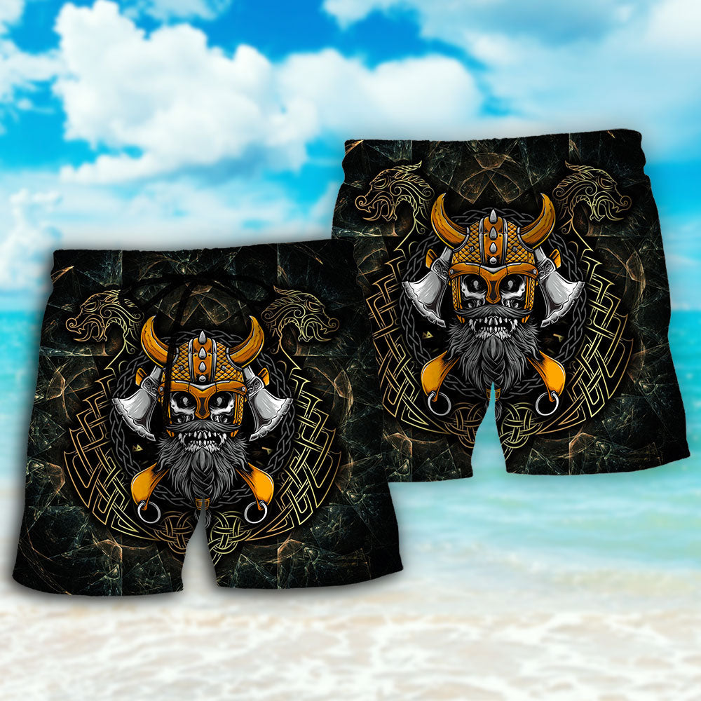 Viking Skull King Dark Fantasy Beach Shorts Pattern View For Vacation Travel And Outdoor Fun