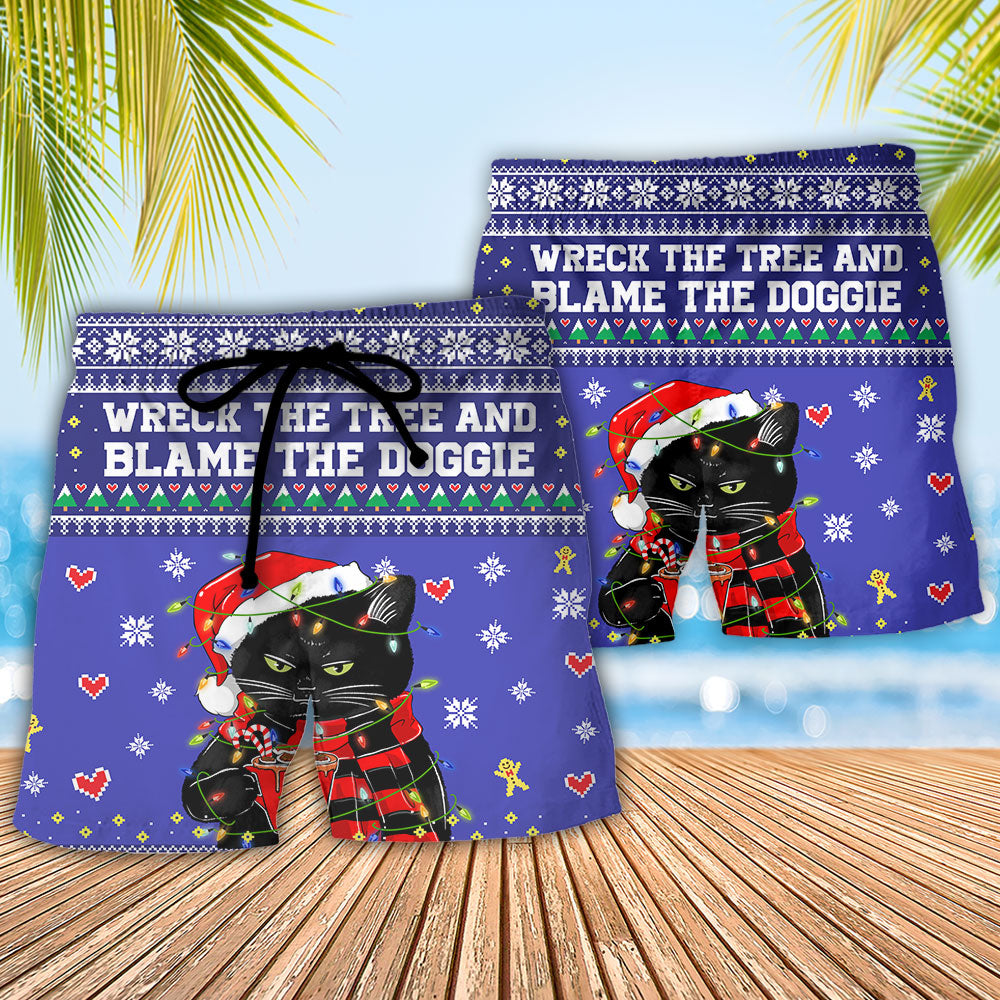 Christmas Black Cat Tree Beach Shorts Pattern Detail For Outdoor Activities And Weekend Casual Style