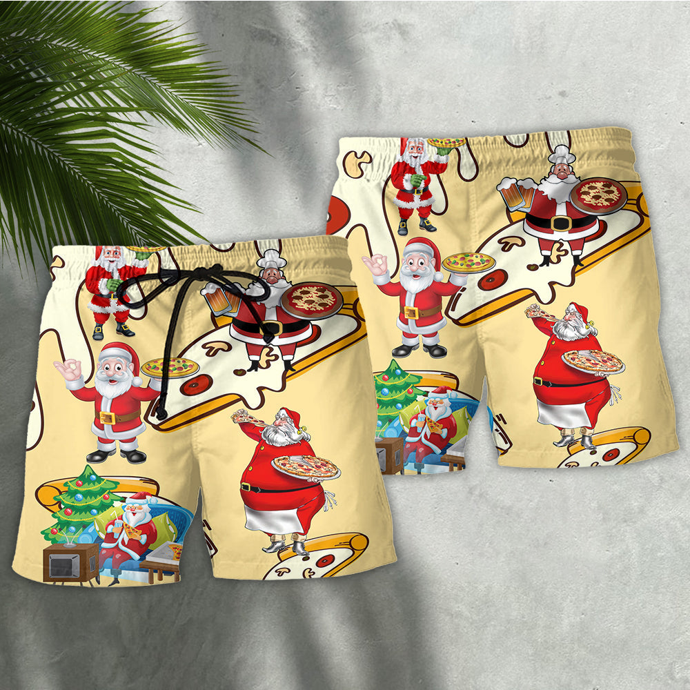 Christmas Santa Pizza Fun Beach Shorts Design View For Poolside Relaxation And Holiday Trips