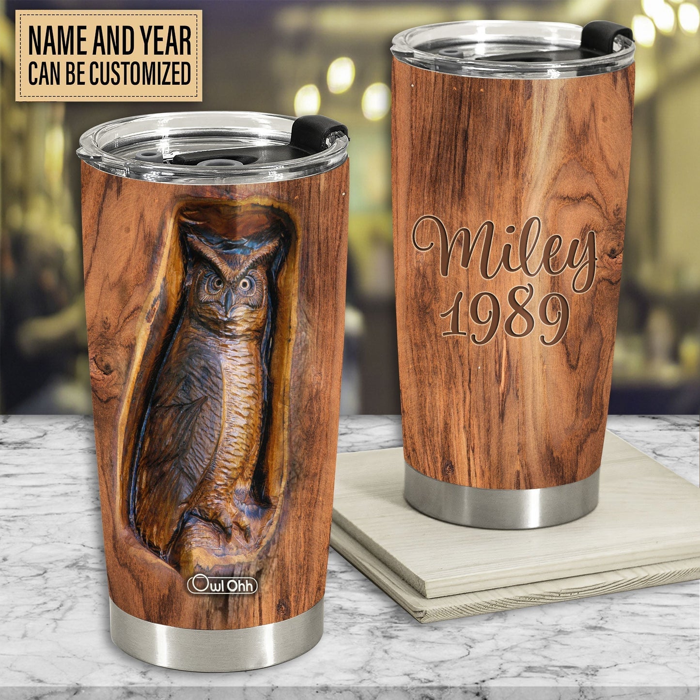 Owl Vintage Wooden Personalized 20 Oz Tumbler For Coffee Travel And Daily Drinks