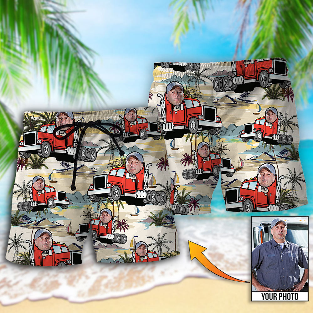 Truck Driver Tropical Beach Personalized Photo Beach Shorts For Beach Trips And Relaxed Vacation Styling