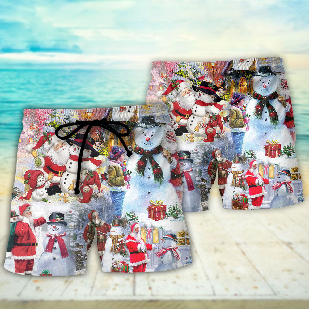 Santa And Snowman Christmas Village Beach Shorts Artwork Detail For Comfortable Everyday Summer Wear
