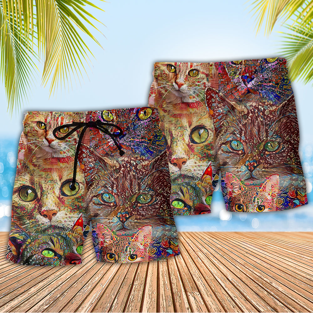Funny Colorful Cat Art Lover Beach Shorts Design View For Summer Events And Coastal Getaways