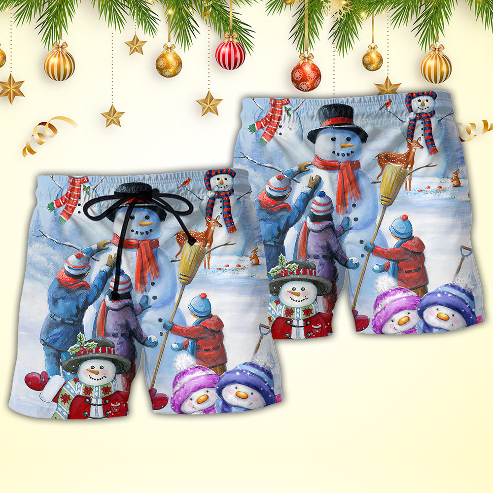 Christmas Snowman Family Joy Beach Shorts Graphic Detail For Resort Trips And Casual Outings