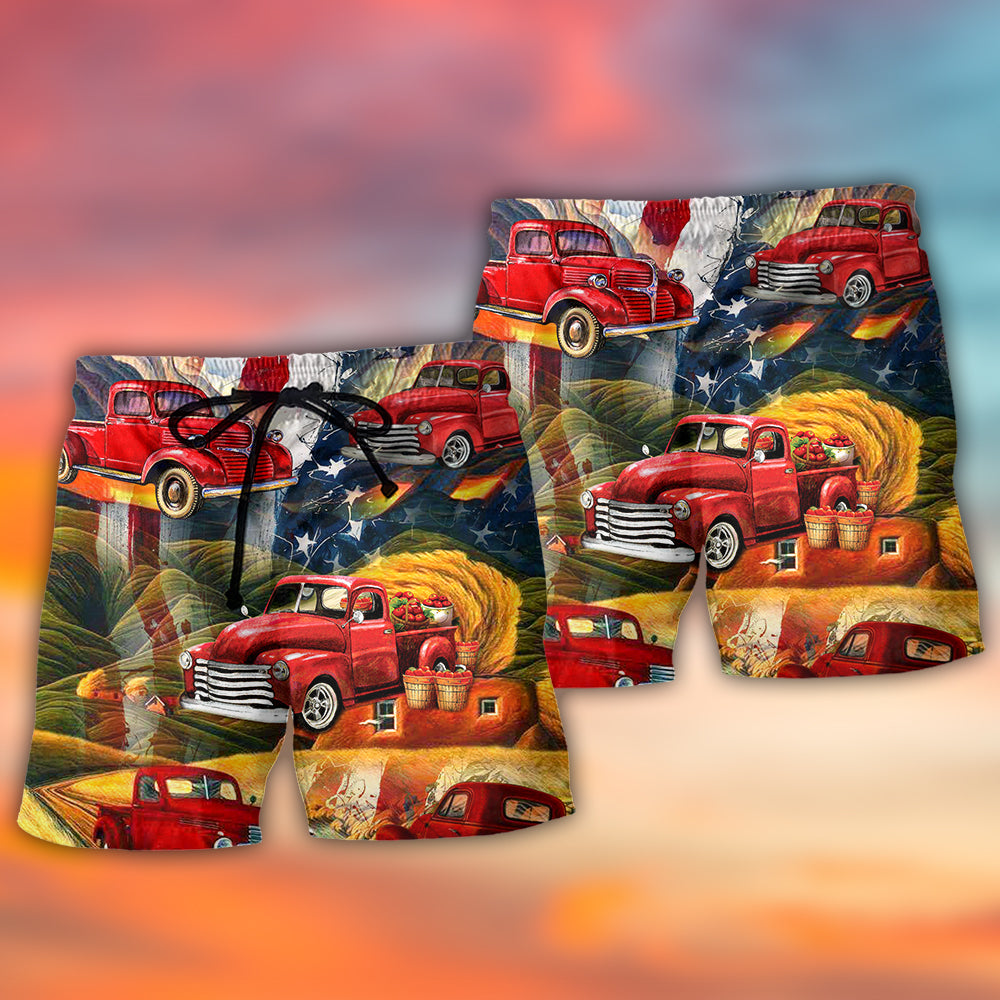 Red Vintage Car Independence Day Beach Shorts Pattern Detail For Relaxed Warm Weather Outfits