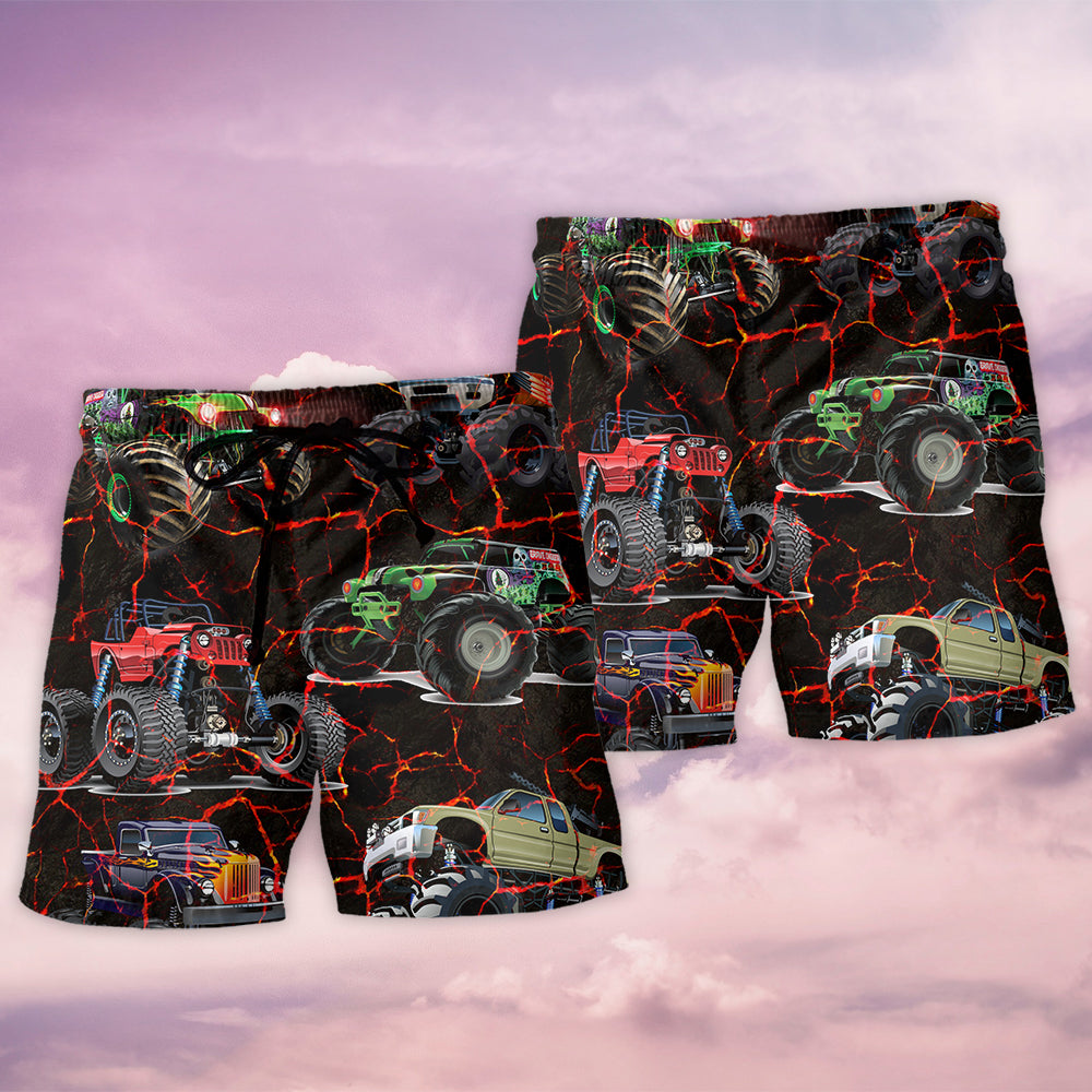 Lava Monster Truck Beach Shorts Pattern Detail For Resort Wear And Bright Seasonal Outfits