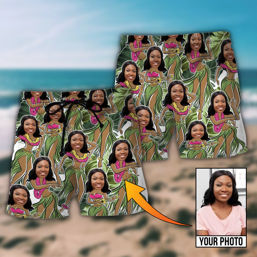 Black Woman Amazing Tropical Personalized Photo Beach Shorts Design Detail For Casual Warm Weather Outfits