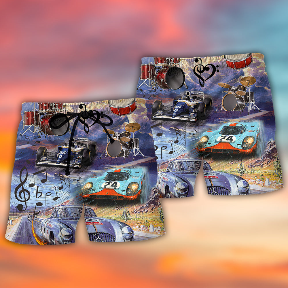 Racing Drum Music Car Lover Beach Shorts Design View For Comfortable Resort And Beach Styling